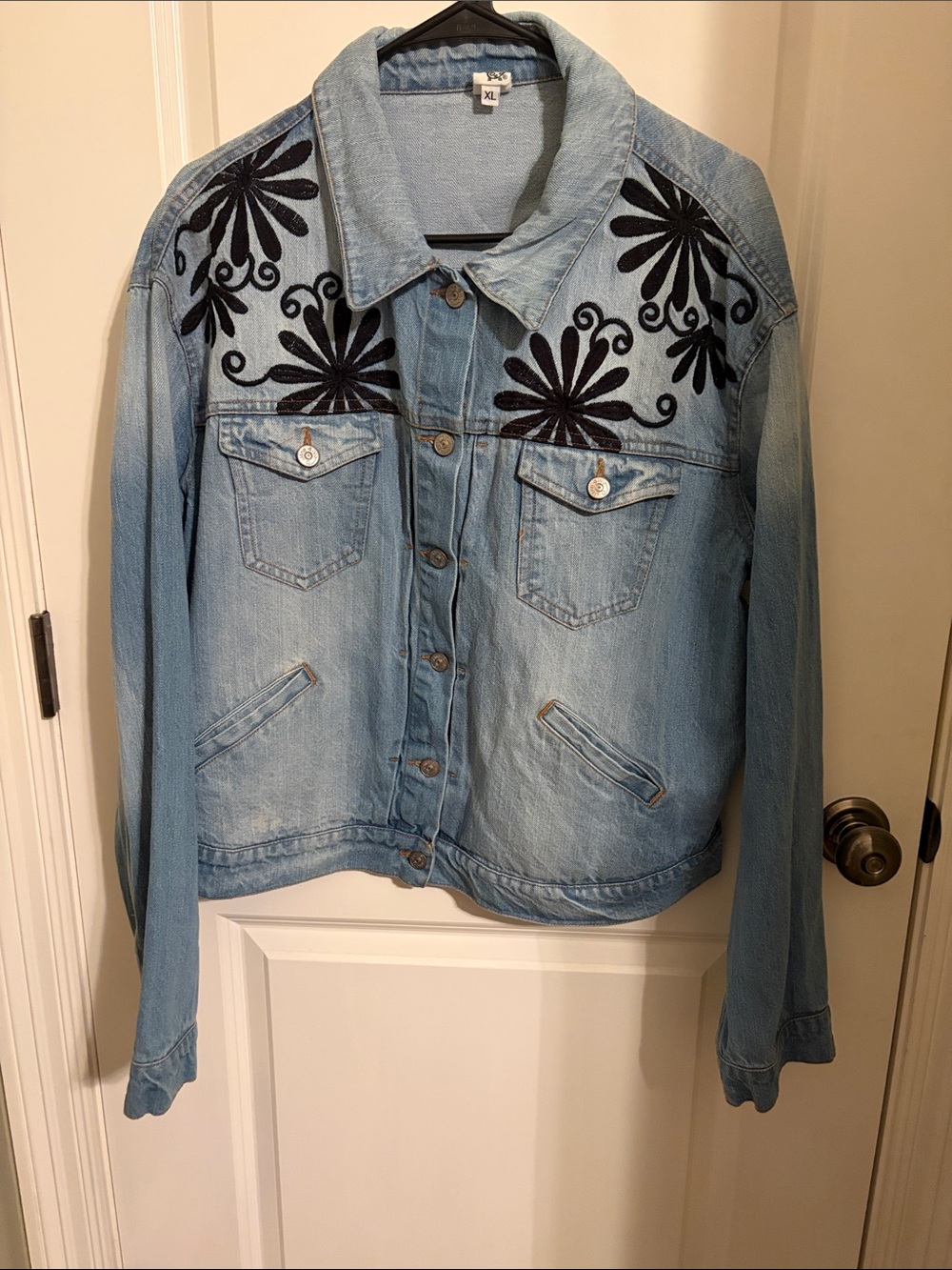 ivy jane Light Blue Denim Jacket with Black Floral Velvet Embroidery